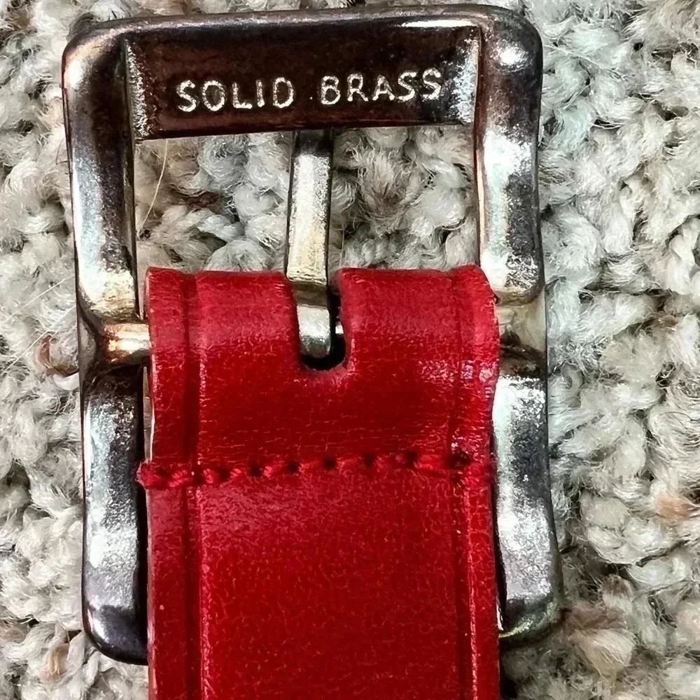 Liz Claiborne Vintage Red Leather Belt with Solid Brass Silver Brushed Buckle